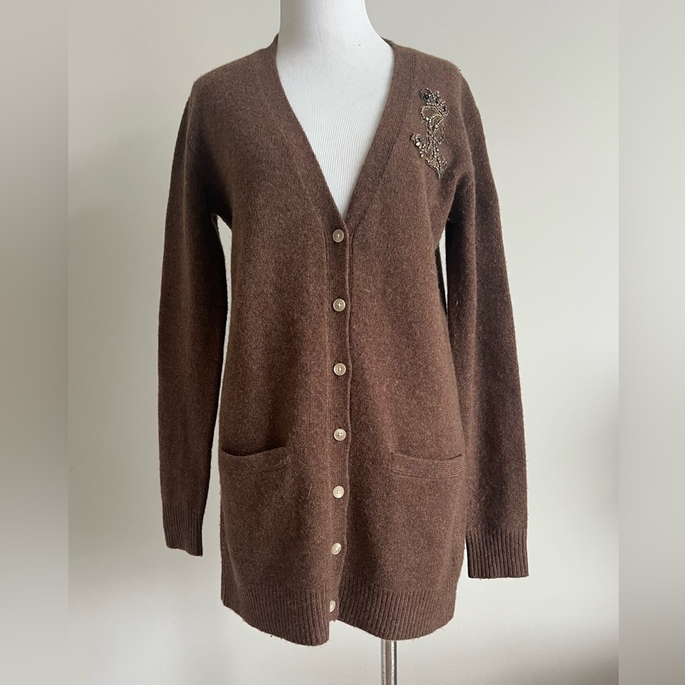 Ralph Lauren Vintage logo Brown Boyfriend fit long cardigan sweater-Small - Picture 1 of 6